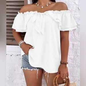 Plus Size Boho OffShoulder Knot Front Ruffle Trim Blouse
